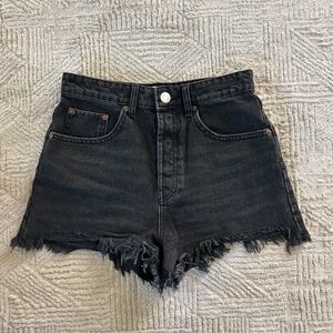 Zara Dark Denim Frayed Jean Shorts